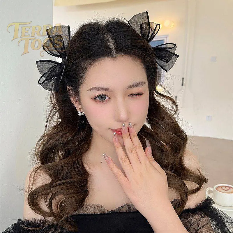 🎀 TerraTogs-Double Black Mesh Bow Barrettes Female Side Clip Hairware 2025 New Bang Clip