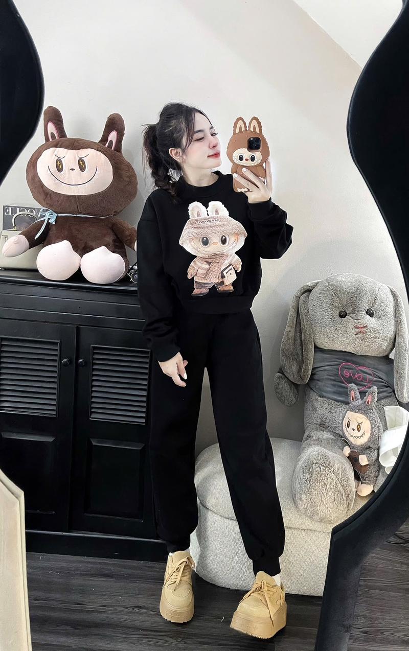 Product Introduction of Bộ Nỉ Nữ  LABUBUU Nỉ Hai Da, Áo in hình gấu, quần bo gối dày dặn , ấm áp Women 10