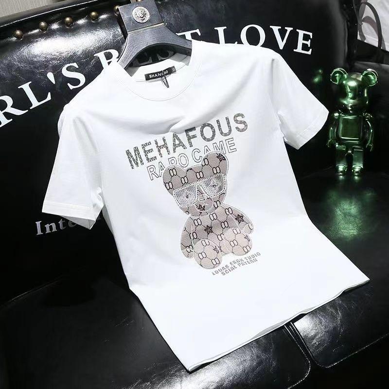 European Station European Goods Trendy Bear Round Neck Short Sleeve T-Shirt Men 2023 Summer Youth Slim Fit Plus Size Half Sleeve Tee Comfort 1