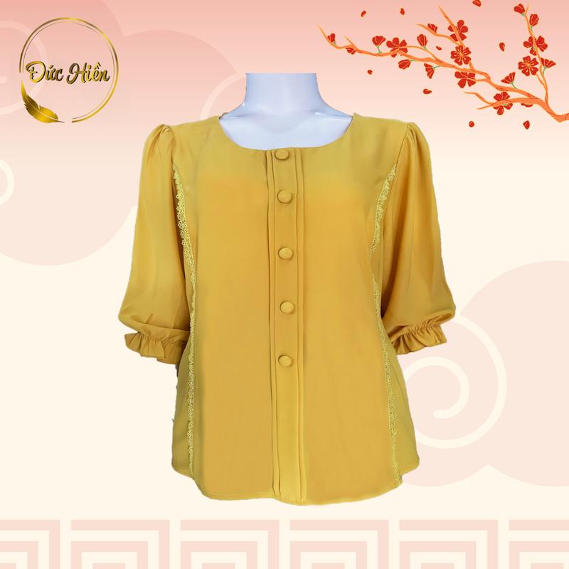 ÁO NỮ TRUNG NIÊN LỤA TẦM Ý ĐÍNH NÚT SANG TRỌNG Top Sơ Mi Women Kem Đen Cotton Cổ tròn Thông thường 7