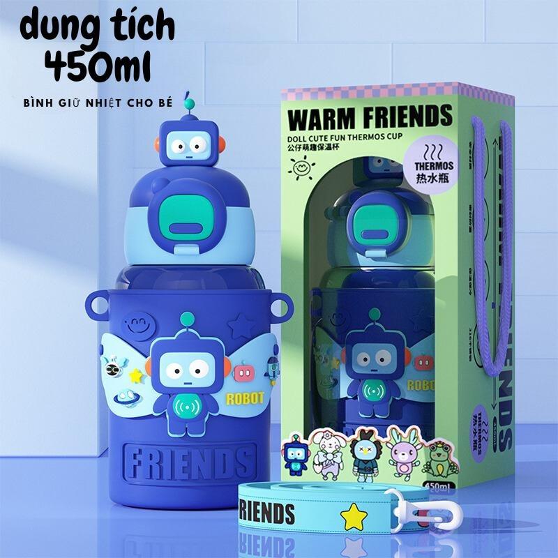 (Tặng 3 Quà Tặng)Bình Giữ Nhiệt 450ml - Đáng Yêu Cho Bé Mang Đi Học - Chất Liệu Inox 316 An Toàn - Tặng Kèm 2 Set x 4 Stiker 3D + 1 Cọ Ống Hút