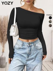 YOZY Women's Plain / All Over Print Asymmetrical Neck Crop Tee, Casual Long Sleeve T-shirt for Daily Wear, Ladies Clothes for All Seasons