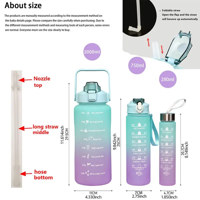 Portable Water Bottles, 3 Counts/set Gradient Tumbler Cups, 2000m/750ml/280ml Fitness Sports Water Bottle, Sports Tumbler with Straw, Kitchen Accessories Washable Reusable Drinkware, Summer for Gift 2