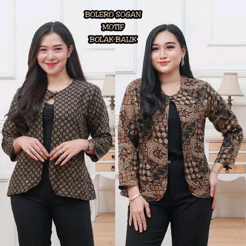 Outer Wanita Blezer Kerja Batik Bolak Balik 2 Motif 2 in 1 Real Pict Kancing Blazer Atasan Hitam Casual Kotak Panjang Baju 1