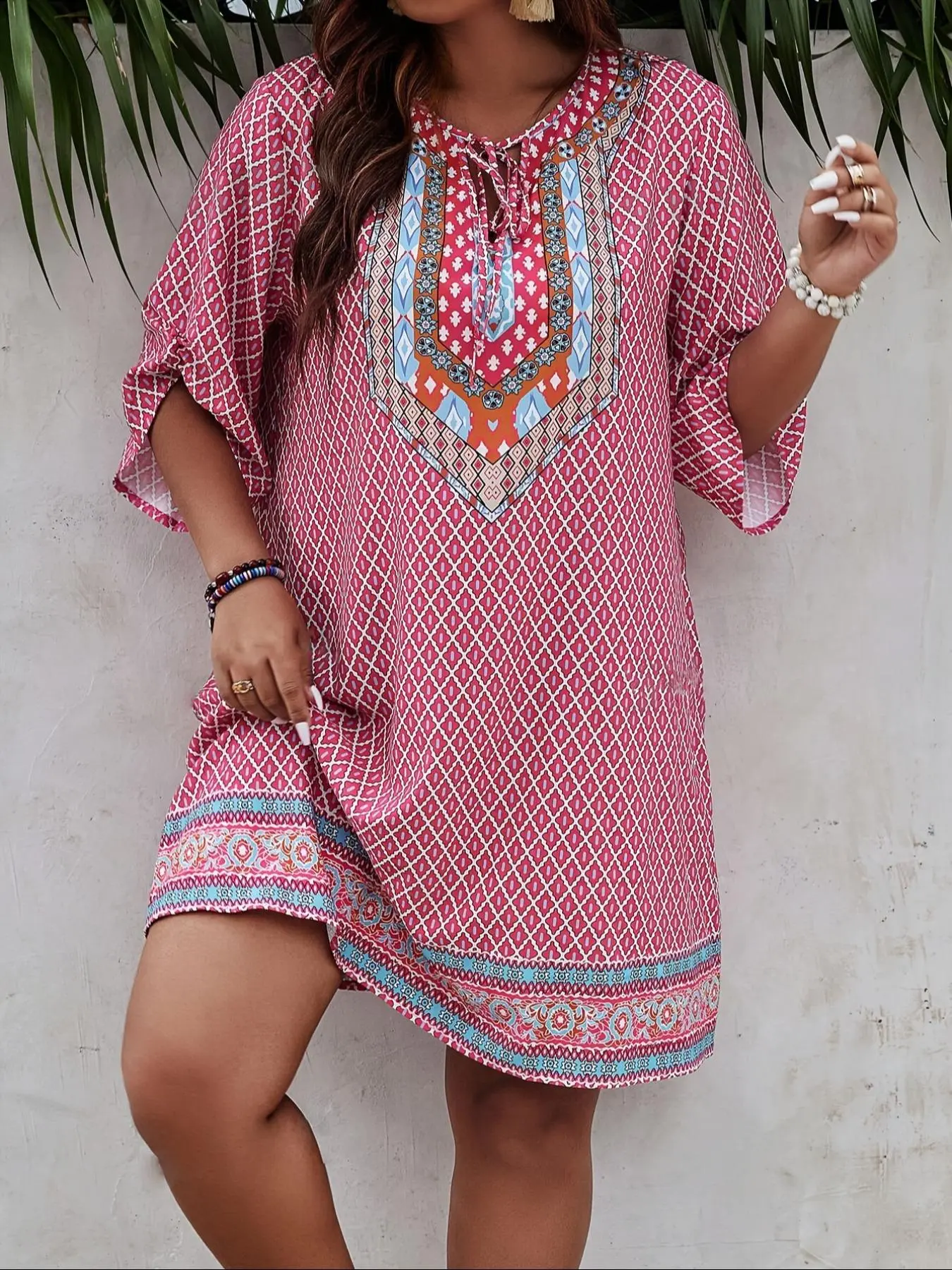 【Plus Size】 Ethnic Pattern Tie Front Tunic Dress, Boho Elegant 3/4 Sleeve Round Neck Dress for Spring & Fall, Women's Clothes for Daily Wear, Flattering Dress