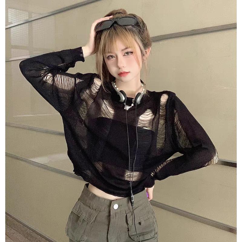 áo len croptop rách cá tính sau đan dây không kèm áo bên trong có thể giặt máy màu đen hàng dệt kim