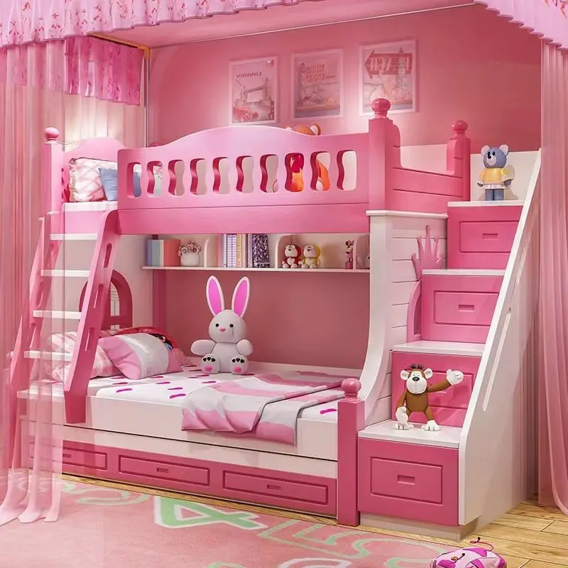 Bunk Bed Bunk Bed Girls' Children's Bed Princess Bed Pink High and Low Bed Bunk Bed Multi-Functional Bed with Sliding Ladder