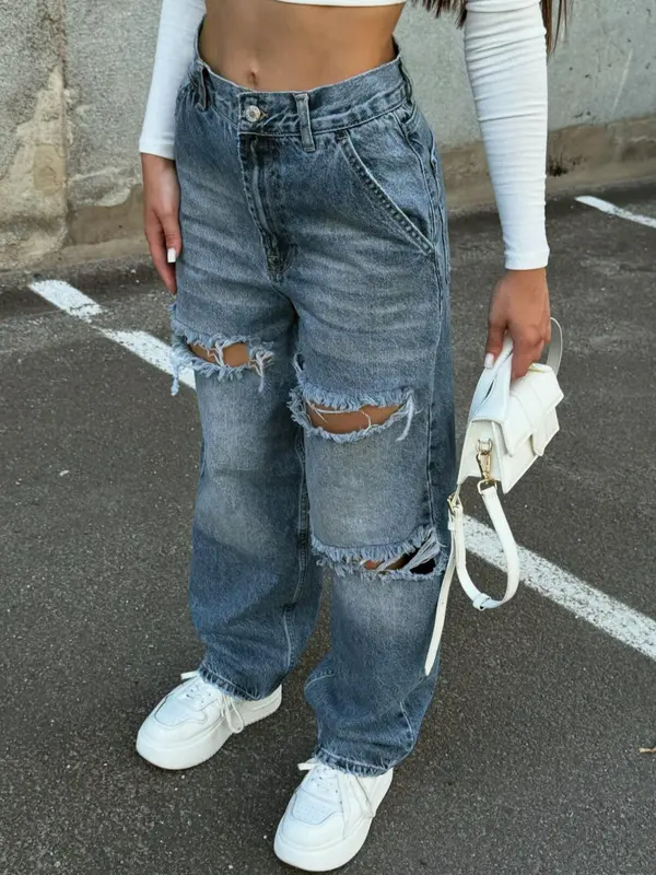 Women's Ripped Denim Jeans, Y2k Casual Fashion Baggy Pants for Daily Wear, Ladies Bottoms for All Seasons, Womenswear 5