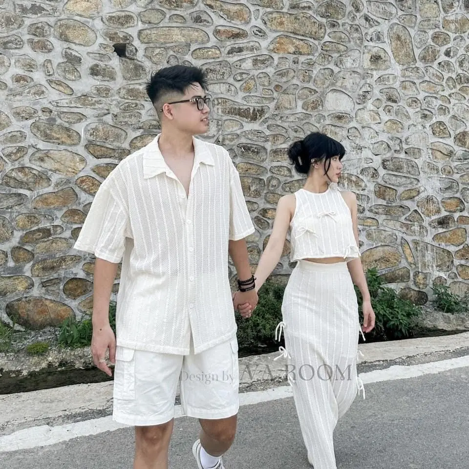 [HÀNG CAO CẤP] Set Đồ Đôi Couple Nam Nữ Trắng Sơ Mi + Áo Ren + Chân Váy Dài Women Kem