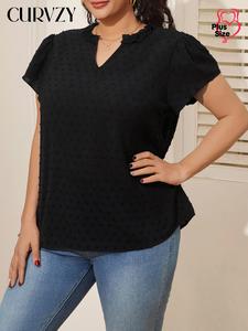 CURVZY Plus Size Solid Color Blouse, Casual Short Sleeve Top for Summer, Women's Clothing for Daily Wear