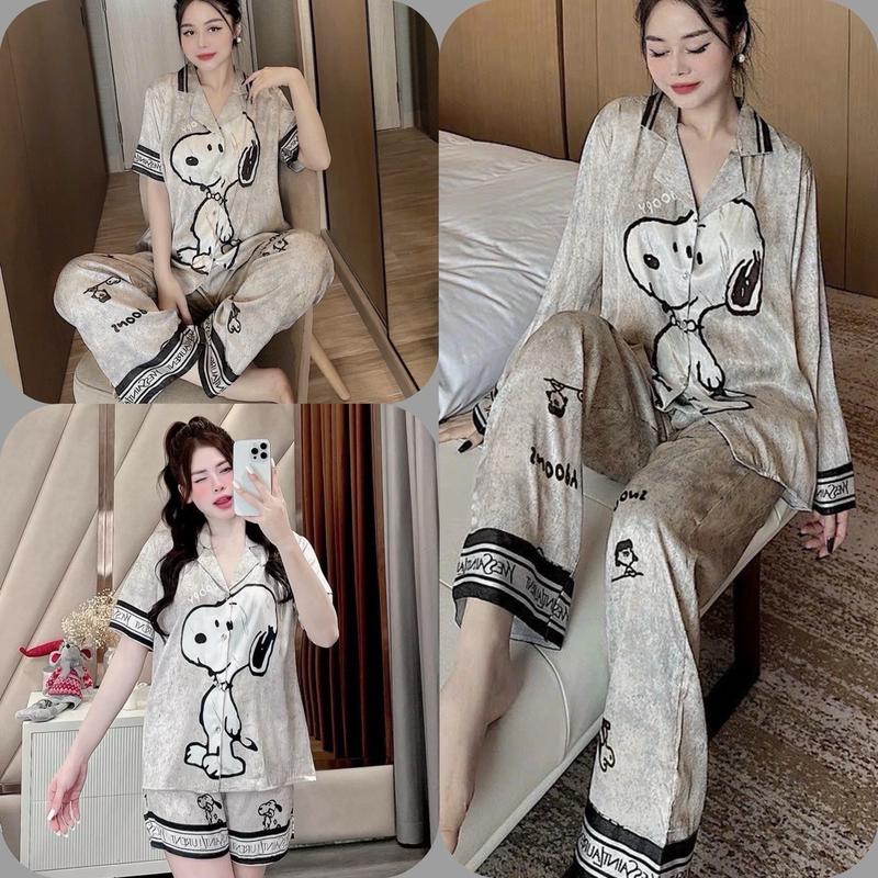 Bộ Đồ Lụa Xước Ánh Kim Snoopy Màu Sắc Dễ Mặc Hot Hit Cho Nữ - Women Áo Có Cổ 0