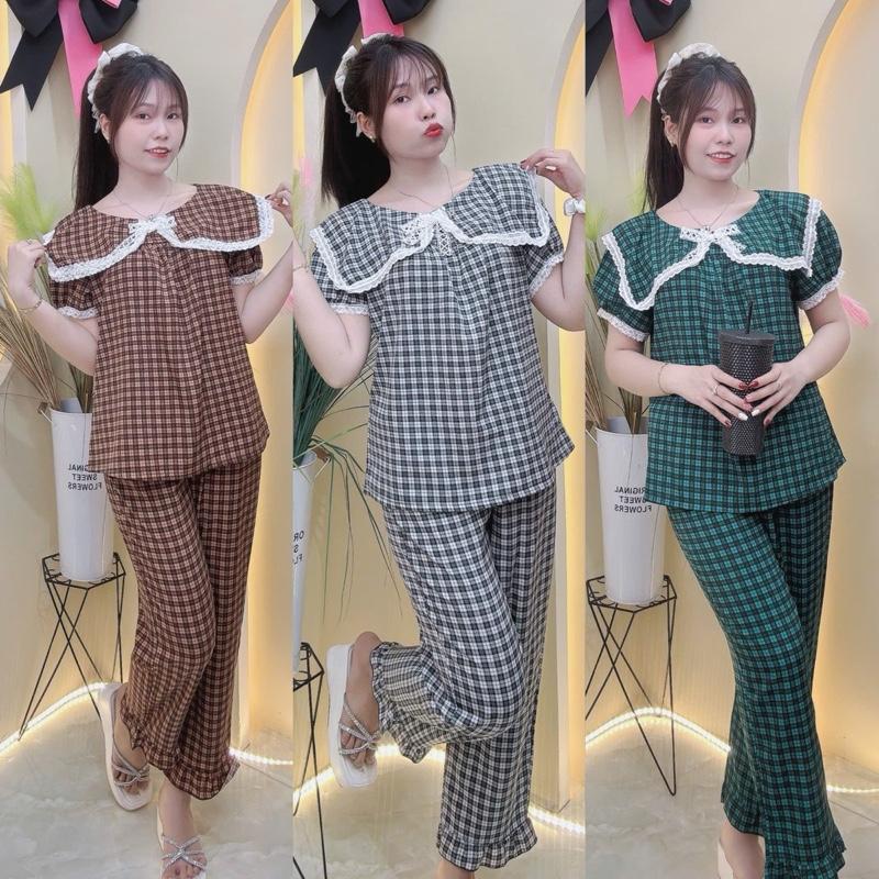 Đồ bộ mặc nhà quần 9 tất áo cổ chữ V viền ren ,tay ngắn đính nơ xinh xắn Bigsize 60-95kg lụa Trơn Voi Nhung Tim Lịch dobo ngan