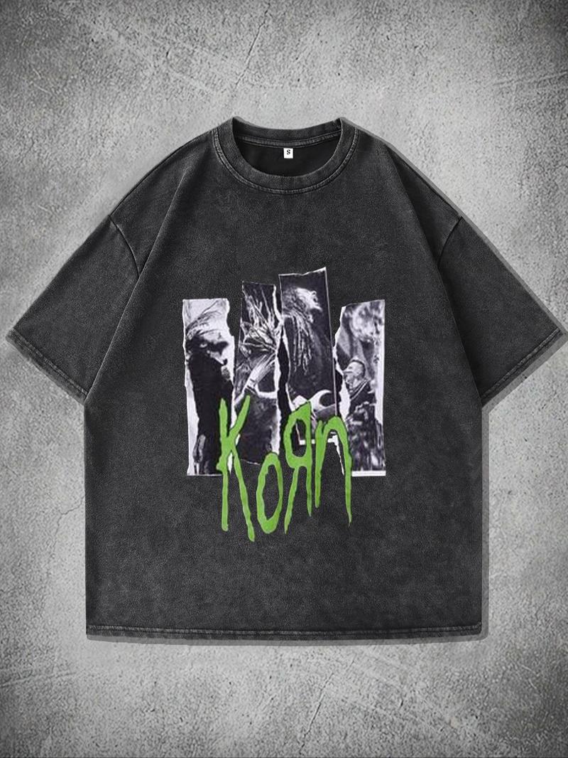 Product Introduction of Men's Korn Graphic Print Round Neck Tee, Regular Fit Vintage Trendy Casual Short Sleeve T-shirt for Daily Wear, Men's Summer Outfit, Top, Cotton 1