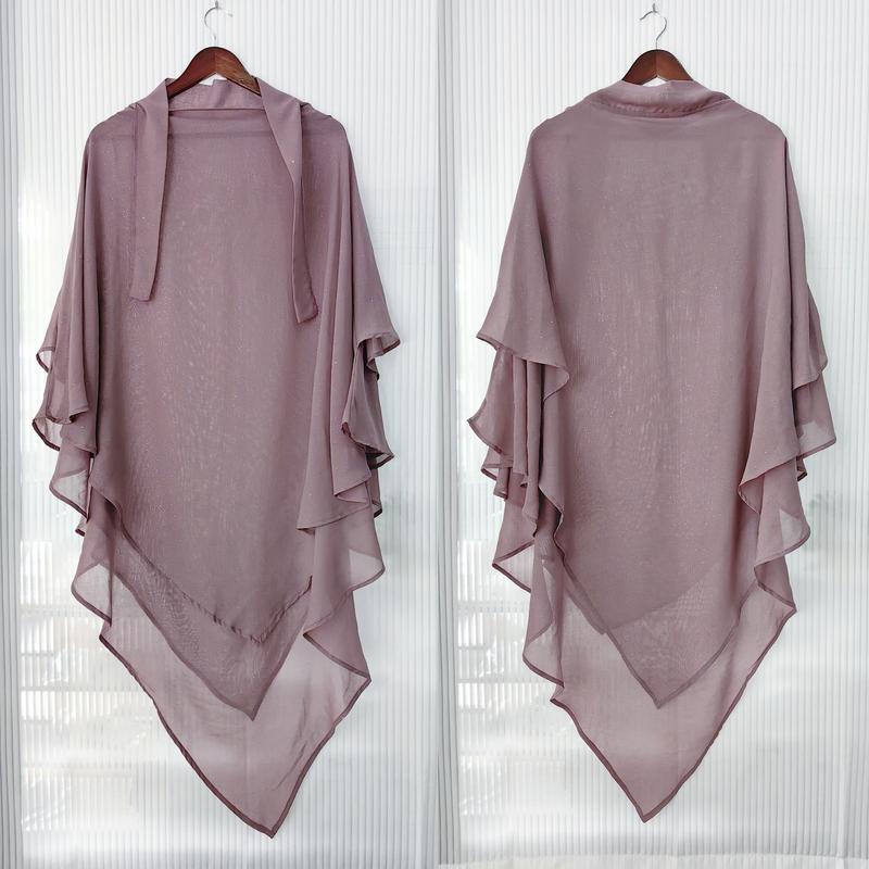 Product Introduction of 2 Layer Shimmer Khimar New Irregularity Instant Hijab Glitter Women Muslim Prayer Hijab Chador Plain Solid Color Overhead Flowy Ladies Khimar 22