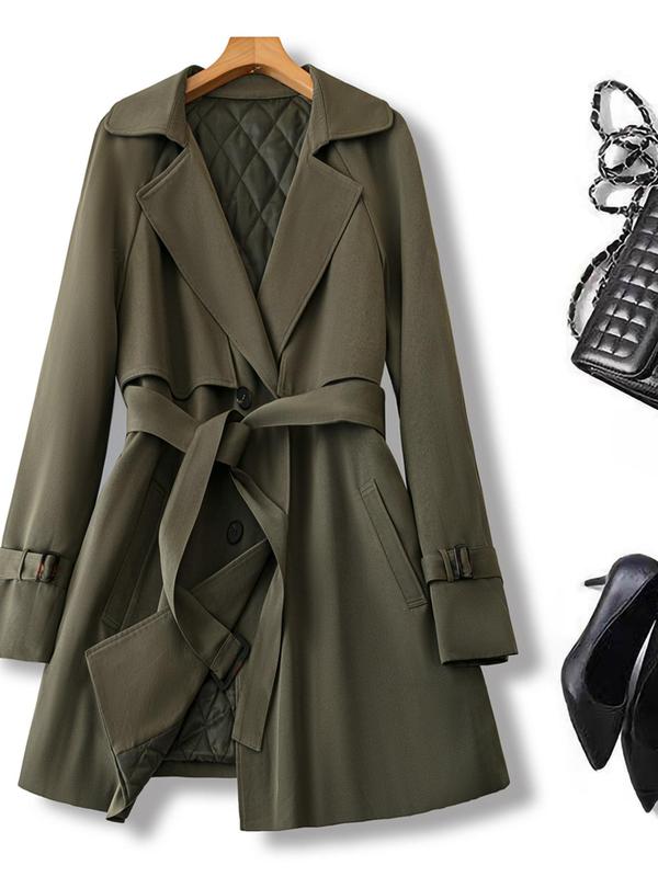 【Plus Size】 Solid Belted Raglan Sleeve Trench Coat, Casual Lapel Collar Long Sleeve Coat for Fall & Winter, Women's Clothes for Daily Wear 0