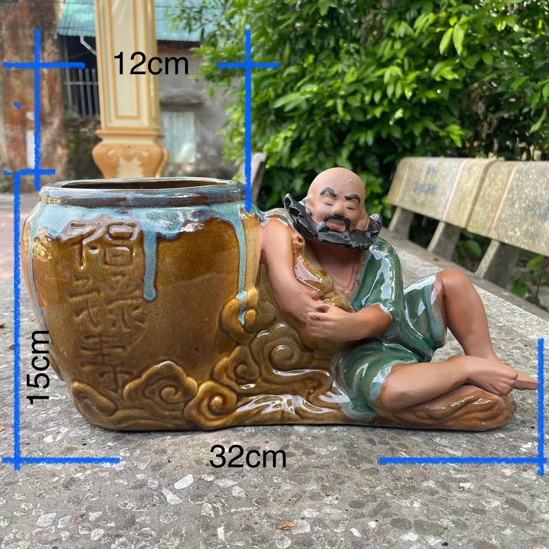 Chậu tượng tiên say ôm vò gốm Bát Tràng trồng cây mini, cây bonsai decor trang trí tiểu cảnh