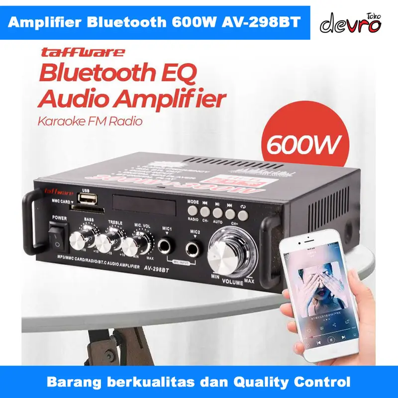 Amplifier Bluetooth EQ Audio Karaoke Home Theater FM Radio 300W + 300W - Taffware AV-298BT Bass Equalizer 1