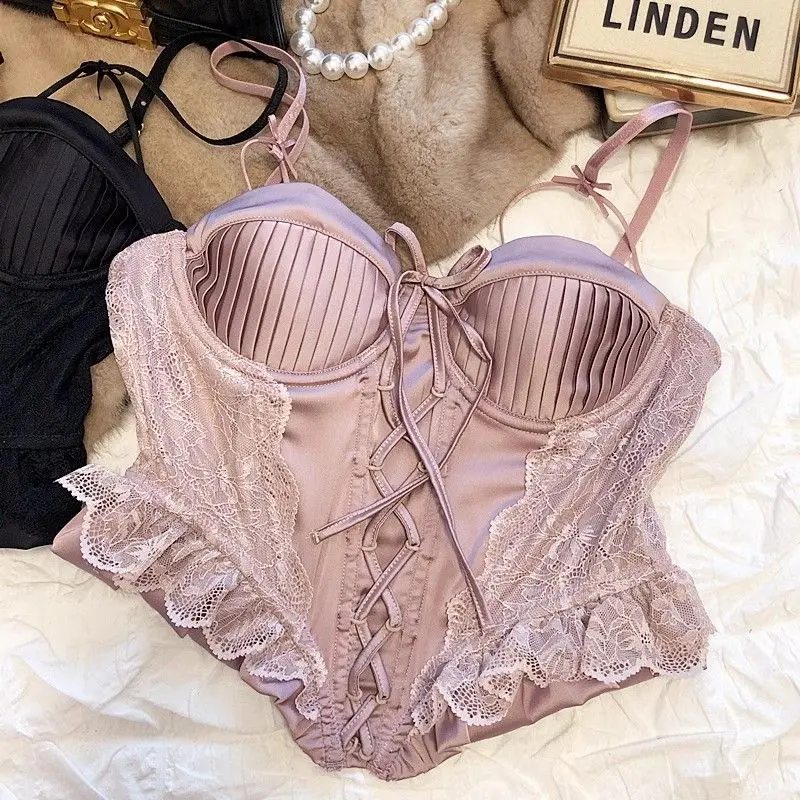 Áo Vest Ren Satin Phong Cách Pháp, Gợi Cảm, Đẹp MắtÁo Ngực Vòng Thép, Mỏng Và Mềm Mại, Kiểu Dây Thắt Lưng, Với Áo Ngực Xương Cá Trên Cùng, Giúp Bó Sát Và Bó Sát Eo