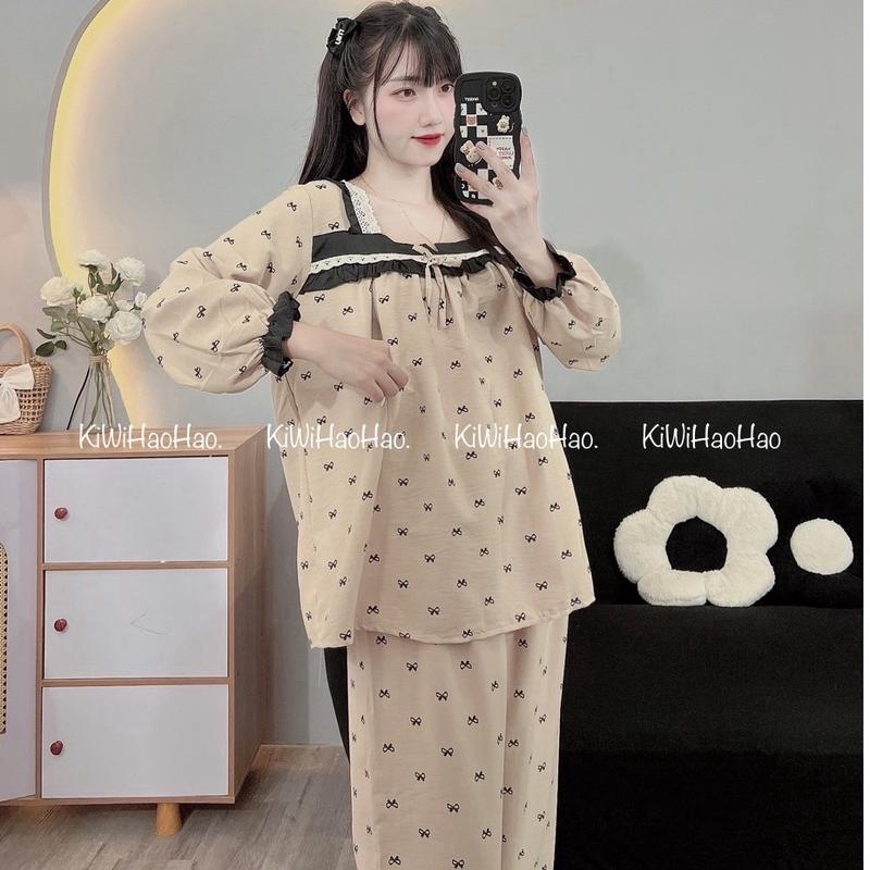 Bộ bầu - bộ sau sinh - BỘ ĐŨI NHĂN DÀI HÌNH NƠ CỔ VUÔNG REN - 2 Màu,áo có khóa kéo hai bên,quần có chun chỉnh Tiện Lợi 1