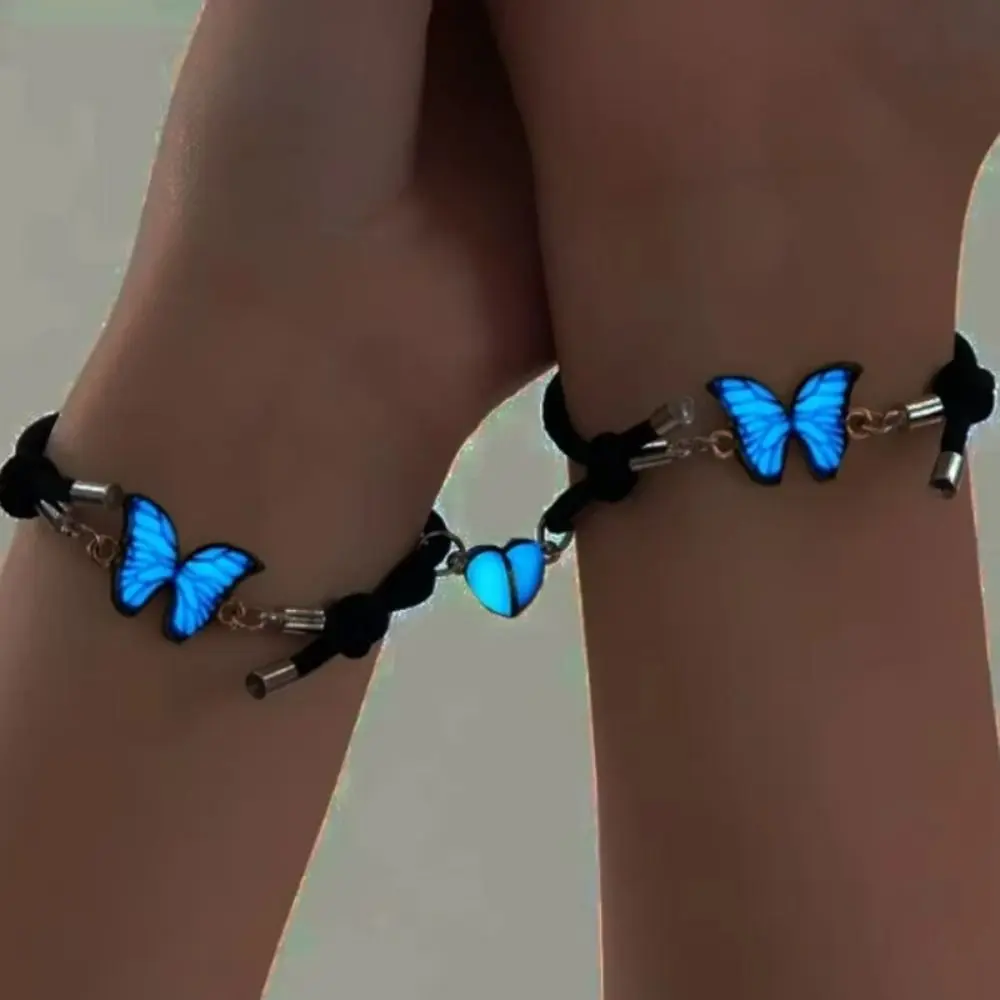 2Pcs/Set Cute Luminous Couple Bracelets Pendant Jewelry Magnetic Bracelets Adjustable Butterfly Heart Beaded Bracelet Friendship