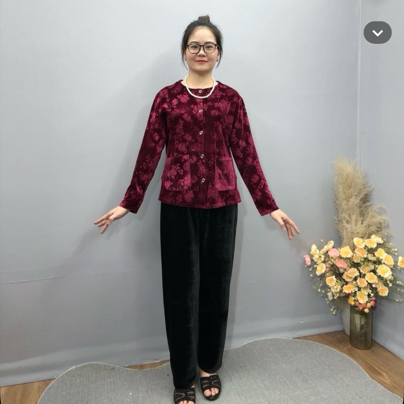 Bộ Trung Niên Chất Nhung Mềm Mịn Áo Vân Hoa Quần Nhung Đen Trơn Dành Biếu Bà Tặng Mẹ Mặc Mùa Thu Đông Áo Và Quần Đen Nữ Women Voi Women Voi Top Ong áo kiểu nữ mặc tết Kem Jacket