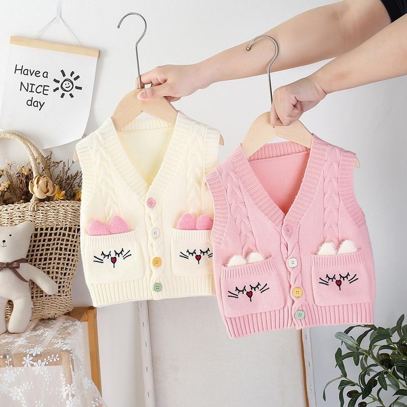 Áo gile len họa tiết túi mèo xinh màu hồng, màu kem cho bé gái 7-18kg AMĐ21