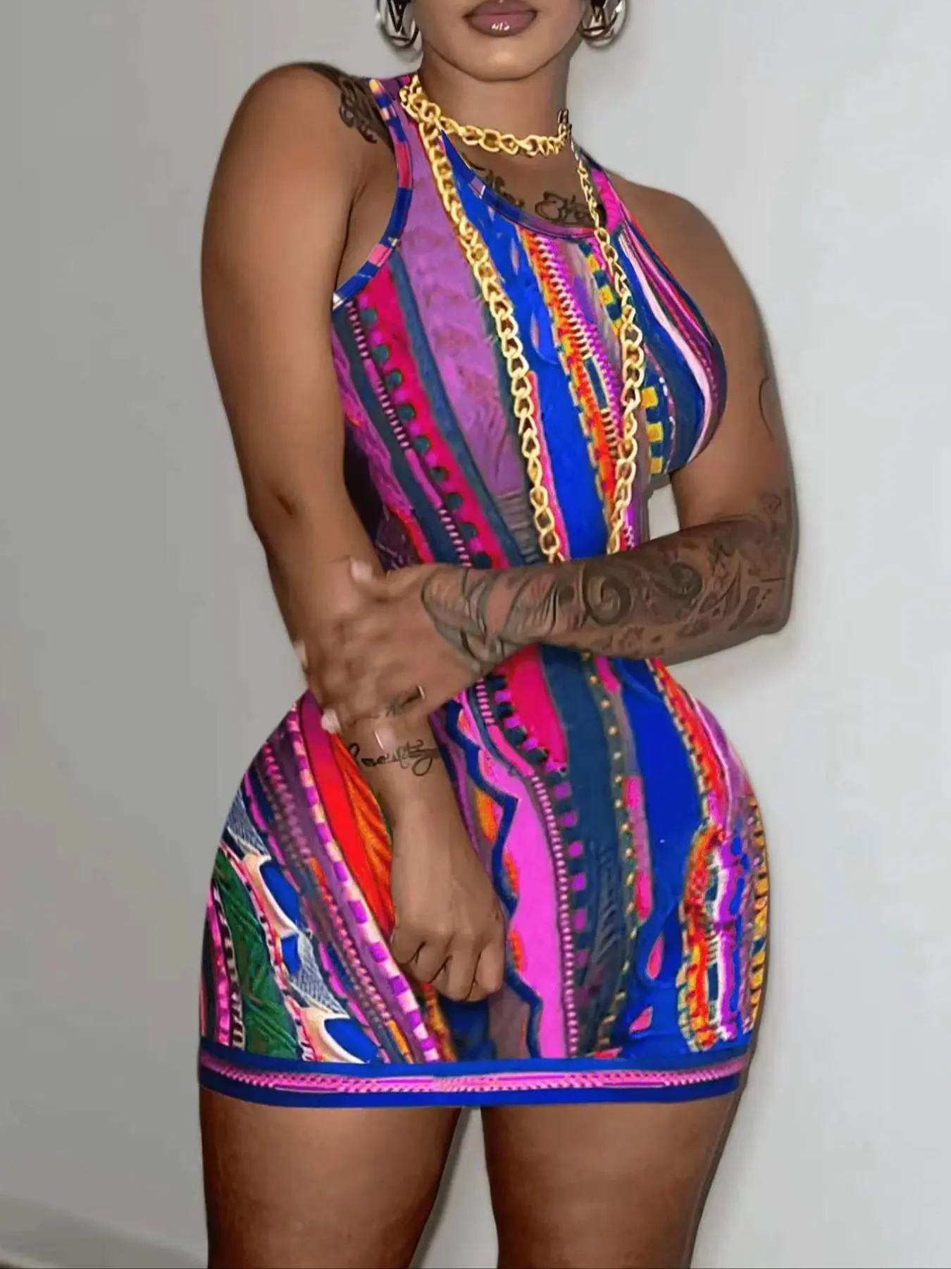Women's All Over Print Round Neck Tank Dress, Summer Clothes Women, Boho Sleeveless Bodycon Mini Dress for Summer, Women's Clothing for Beach Holiday Valentine's Day, gift