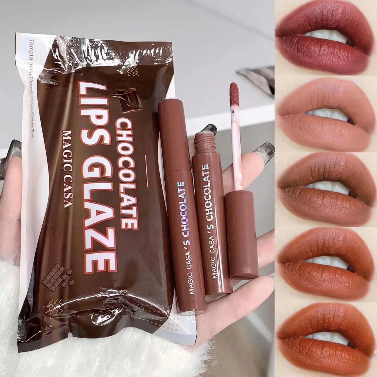 Magic Casa Chocolate Lip Lacquer 5 Pieces Suit Matte Finish Feeling Velvet Non-Fading Lip Mud
