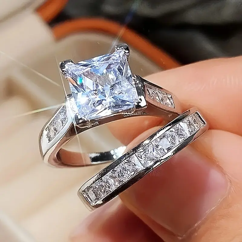 Luxury 2pcs Stackable Ring Set With Shimmering Cubic Zirconia, Elegant Engagement/Wedding Band, Dual-Sided Party Decor Faux Jewelry mara  paris  ring anxiety  rings brilliant  earth state  men amber  heart promise elongated  cushion  engagement loitering 1