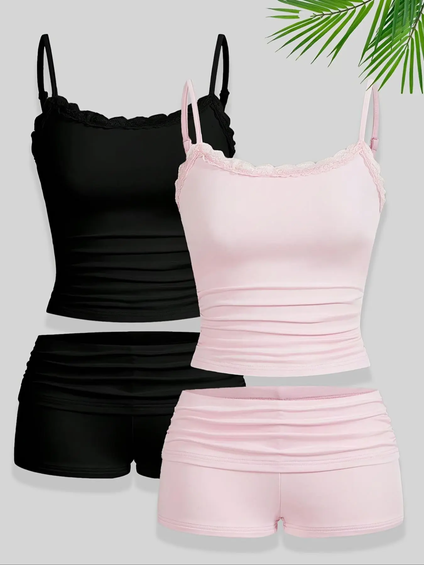 Women's Solid Lace Trim Cami Top & Ruched Shorts Two-piece Set, Casual Pastel Sleeveless Top & Shorts for Daily Wear, Ladies Summer Clothes