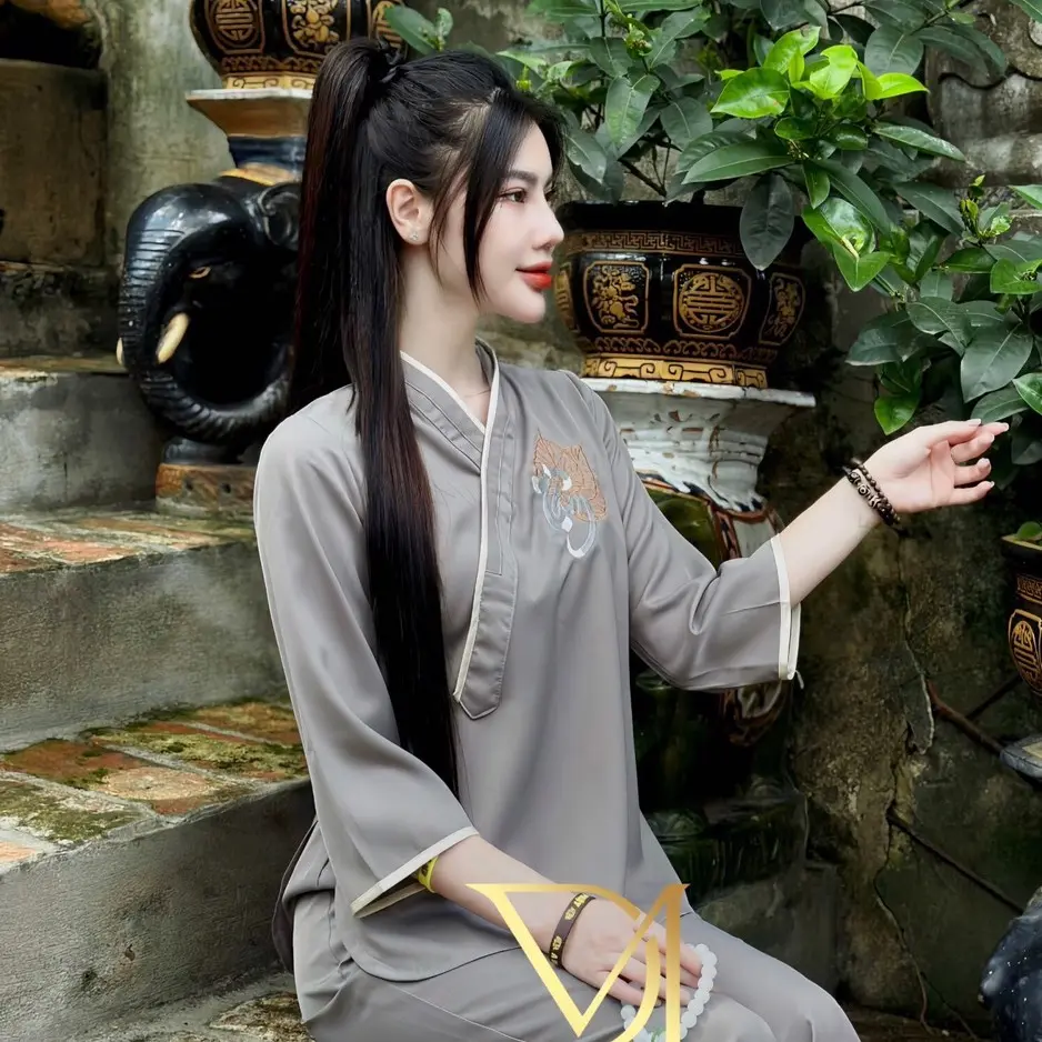 [SEN HỒNG] Set Phật tử - đồ lam quần áo Pháp Phục nữ thiết kế cổ chéo thêu - chất vải dày mềm S05