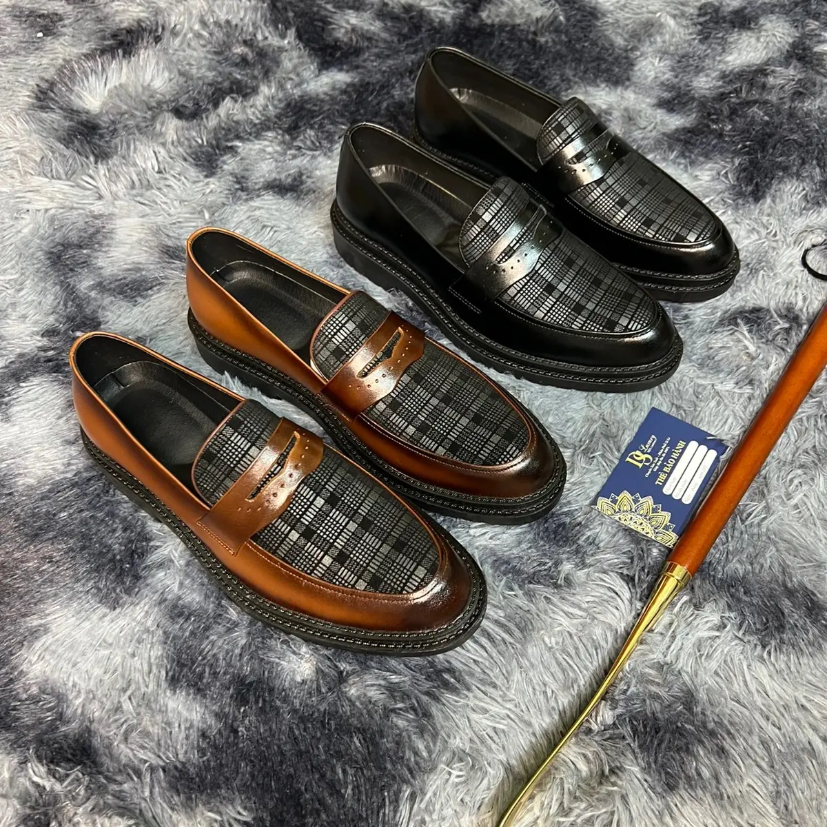 T8-Giày Loafer TiBas Phối Vân Kẻ Caro Đế Cao Su Đúc Nguyên Khối Tăng Chiều Cao 5.5cm Nam