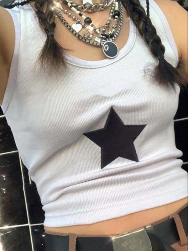 Women's Star Embroidery Round Neck Crop Tank Top, Summer Clothes Women, Casual Crew Neck Ribbed Top for Daily Holiday Wear, Lady's Clothing for Summer 8