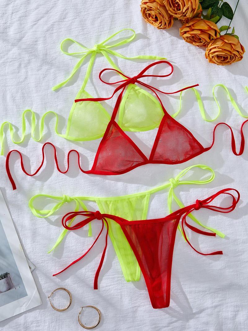 Product Introduction of Women's Solid Color Sheer Mesh Teddy Lingerie Set, Sexy Fashion Chic Tie Back  Bra & Tie Side Thong Set, Ladies Underwear for All Seasons 9