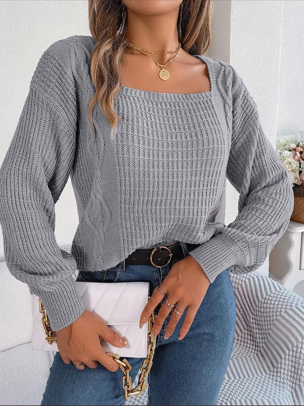 Women's Plain Textured Square Neck Drop Shoulder Sweater, Fashion Casual Long Sleeve Jumper for Daily Outdoor Wear, Women's Knit Top for Spring & Fall 2