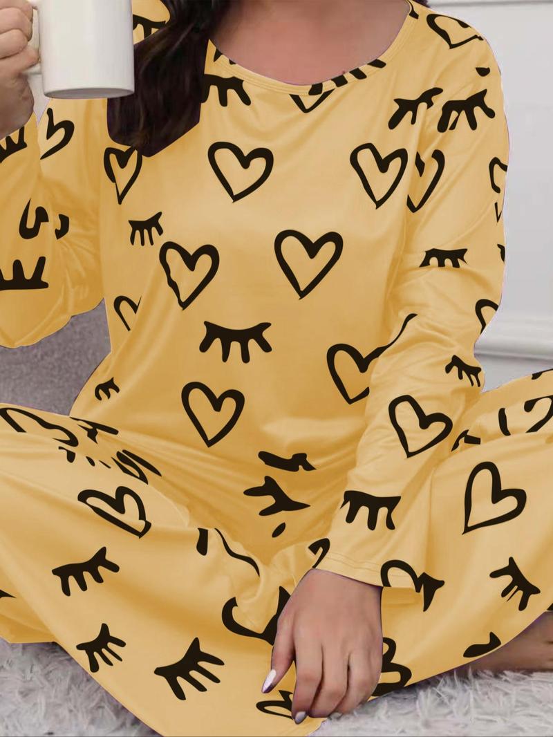 Product Introduction of 【Plus Size】Women's Heart Print Pyjama Set, Casual Comfort Round Neck Long Sleeve Tee & Elastic Waist Pants Set, Women's Sleepwear for Spring & Fall, Pajamas 16