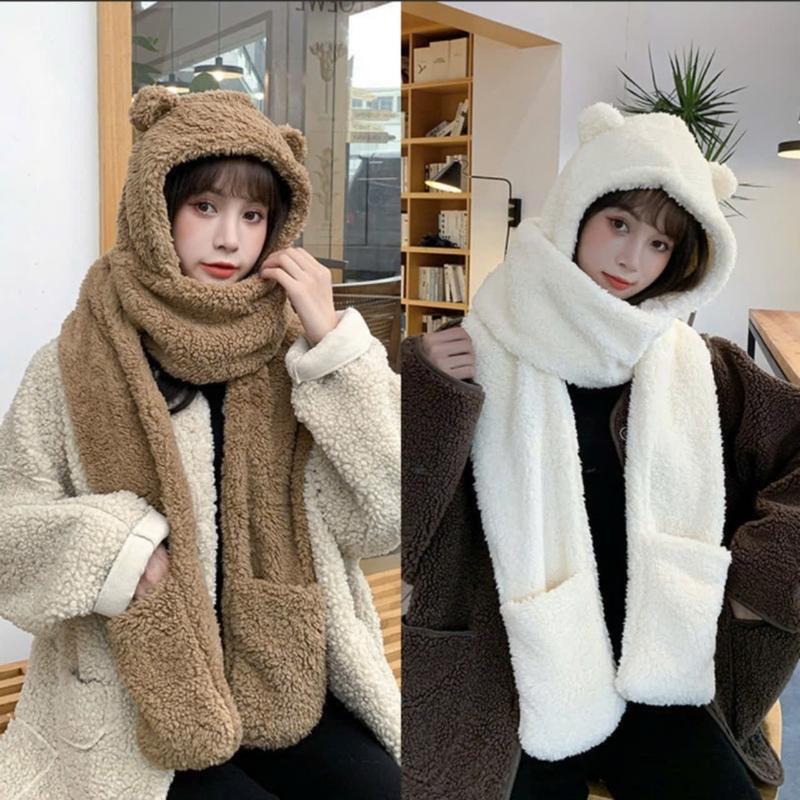  Mũ Lông Cừu Tai Gấu 3in1 Kèm Khăn Quàng Cổ Và Xỏ Tay Thời Trang Hàn Quốc Cute Ấm Áp Cho Ngày Se Lạnh 