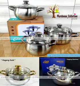 Panci Stainless CALYPSO & AGOGO Steel +Tutup kaca size 16-24/ Panci di jual per-biji/ Panci Stainless GOLD/STELL / Soup Pot Stainles Steel +Tutup kaca size 20/22/24 CM