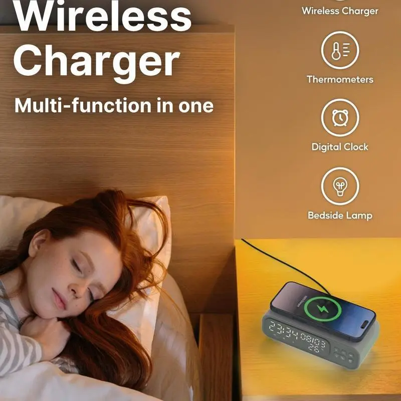 15W Wireless Charger with Time Display, LED Night Light Alarm Clock Wireless Charger, Fast Charging Station for iPhone 6