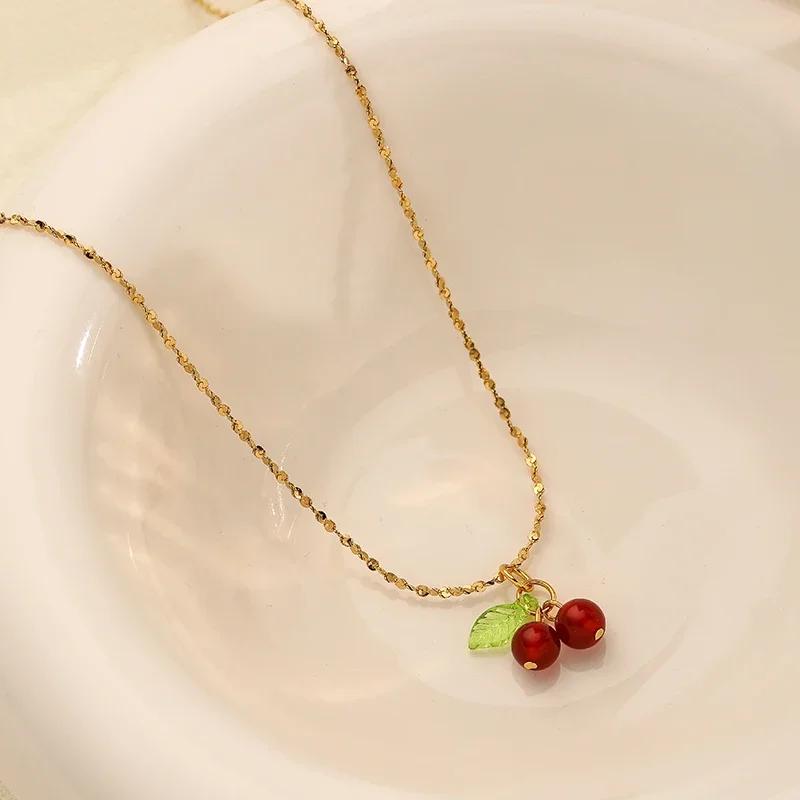 Product Introduction of Stainless Steel Cherry Necklace, Cute Bead Pendant Necklace, Ladies' Wedding Jewelry, Birthday Gift Necklace 9