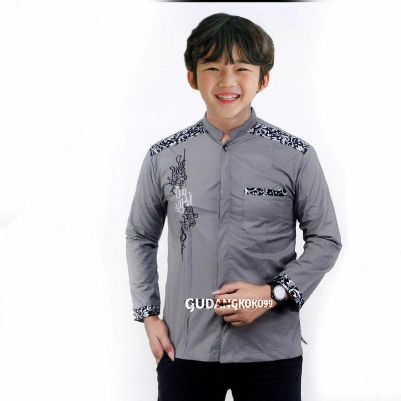baju koko anak bordil terbaru koko majjada katun batik  kombinasi  bordir Muslim Panjang Nyaman Turki Peci baju koko 14–17  Navy Lebaran Hitam 2