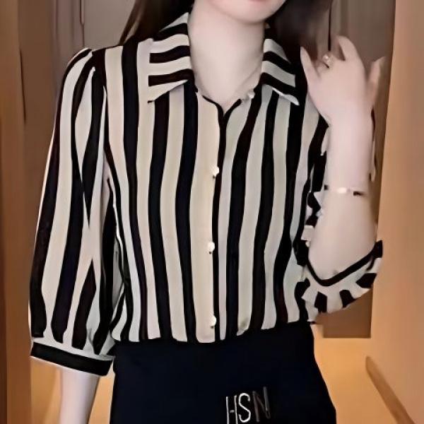 Trang Phục Mùa Xuân Và Mùa Hè, Áo Sơ Mi Tay Lỡ Ba Phần Tư Sọc, Dành Cho Nữ, Dáng Rộng Rãi Và Mỏng Vừa Vặn, Thoáng Khí, Áo Sơ Mi Phong Cách Hàn Quốc, Cao Cấp, 2024 Hàng Mới Về