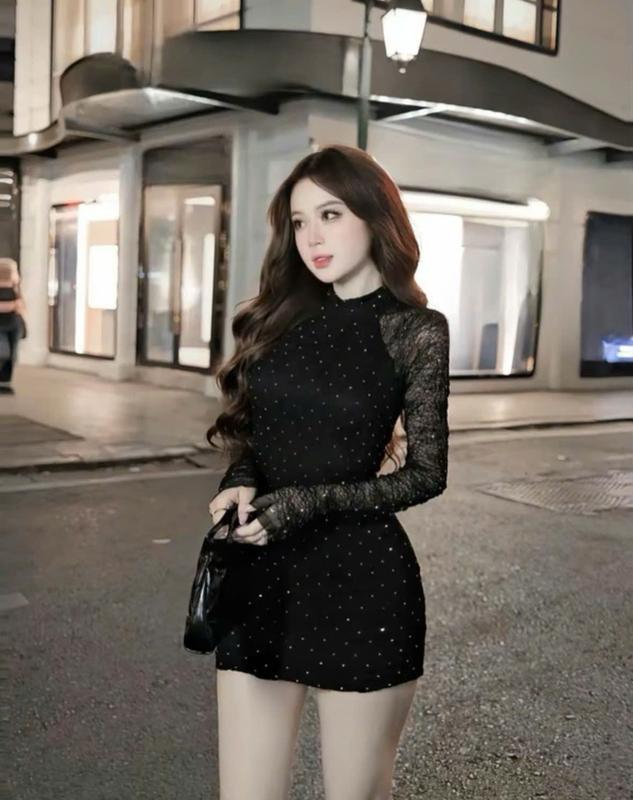  Đầm Nữ Ren Lưới Cổ Tròn Dài Tay Ôm Body Dáng Ngắn Đính Đá Blink Lấp Lánh Women - Me0WStore 