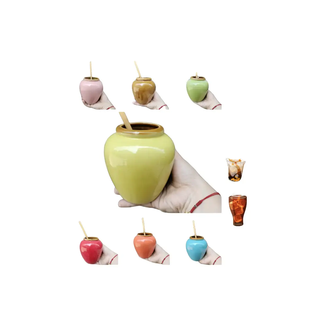 Bộ 5-10 ly uống mini đất nung thủ công đa sắc phủ men nâu bên trong dung tích 400ml kèm ống hút thiên nhiên (bã mía, cỏ bàng, giấy natural,...)