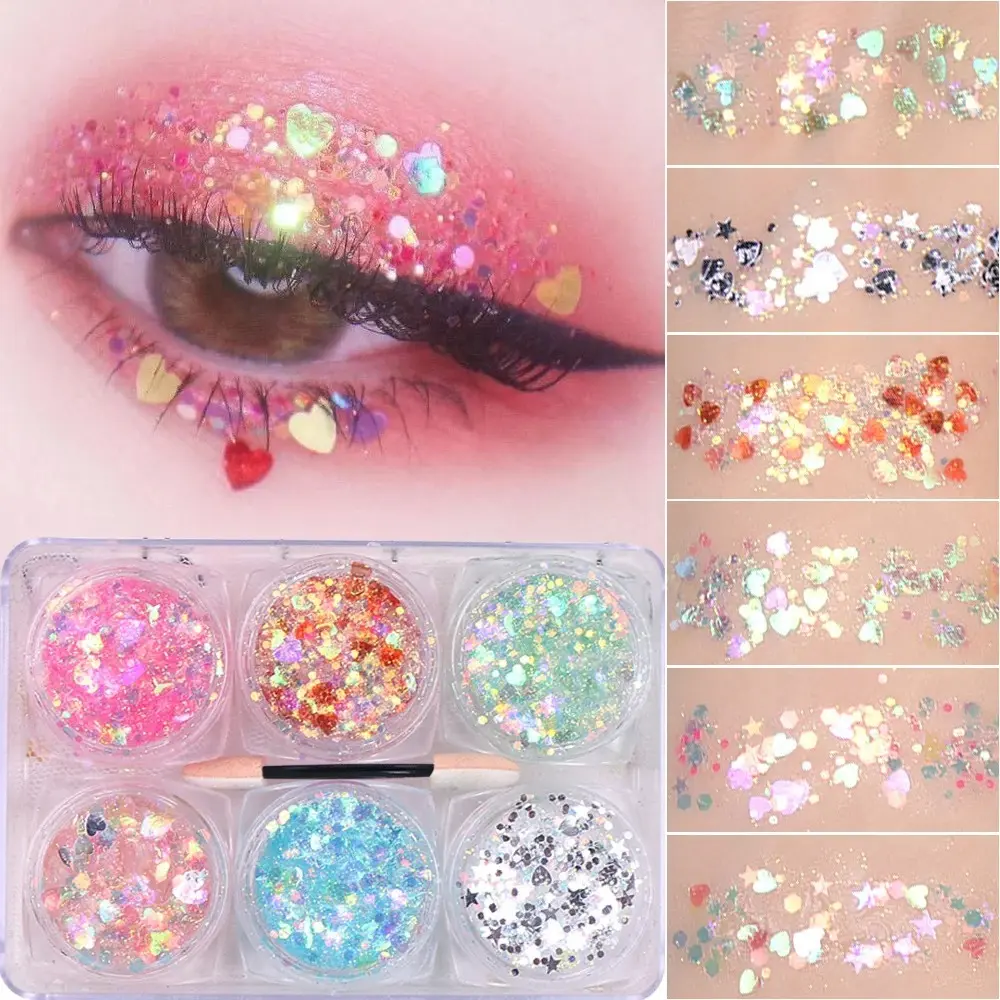 Bộ Gel Kim Tuyến Mắt, 6 Cái / Bộ, Dễ Thương Và Lấp Lánh, Với Kim Sa Trái Tim, Ngôi Sao, Mặt Trăng, Thích Hợp Cho Mặt, Tóc, Cơ Thể Và Móng Tay, Gel Lấp Lánh, Gel Lấp Lánh Nàng Tiên Cá, Để Trang Trí Cơ Thể Và Mặt