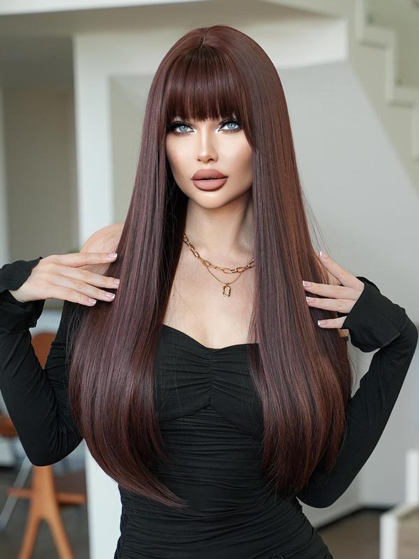 28 Inch Long Mocha Brown Straight Wigs for Women, Gorgeous Fluffy Wigs with Bangs, Synthetic Full Machine Wigs for Party, Daily Use 1