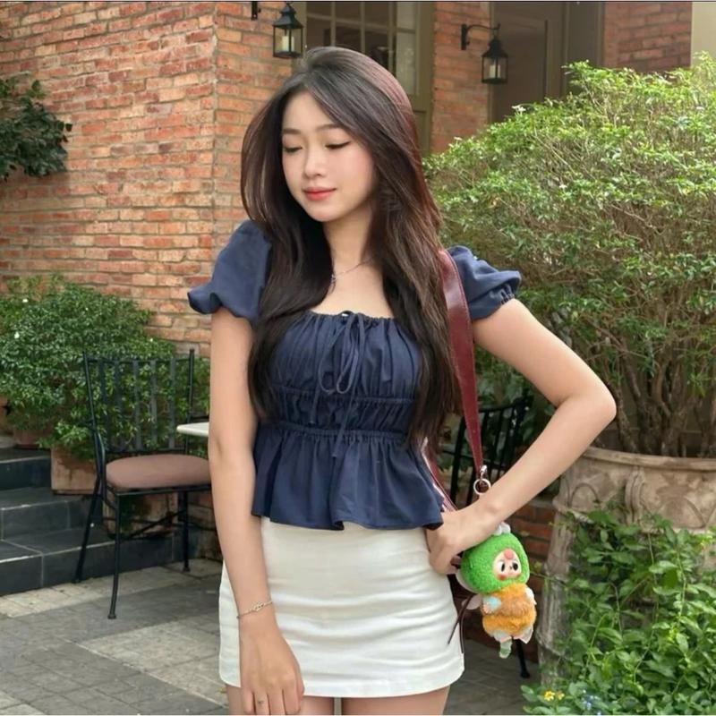 BARE_Áo kiểu tay bồng cột nơ chất linen, Áo babydoll tiểu thư dễ thương bo chun thân xinh xắn_A374 Nữ Top Women Nhung