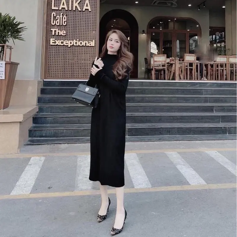 đầm bầu TKUTRANG CHẤT  len thun gân phong cách Hàn Quốc T-rang sang chảnh Váy bầu dài tay đi tiệc đám cưới dáng suông 3
