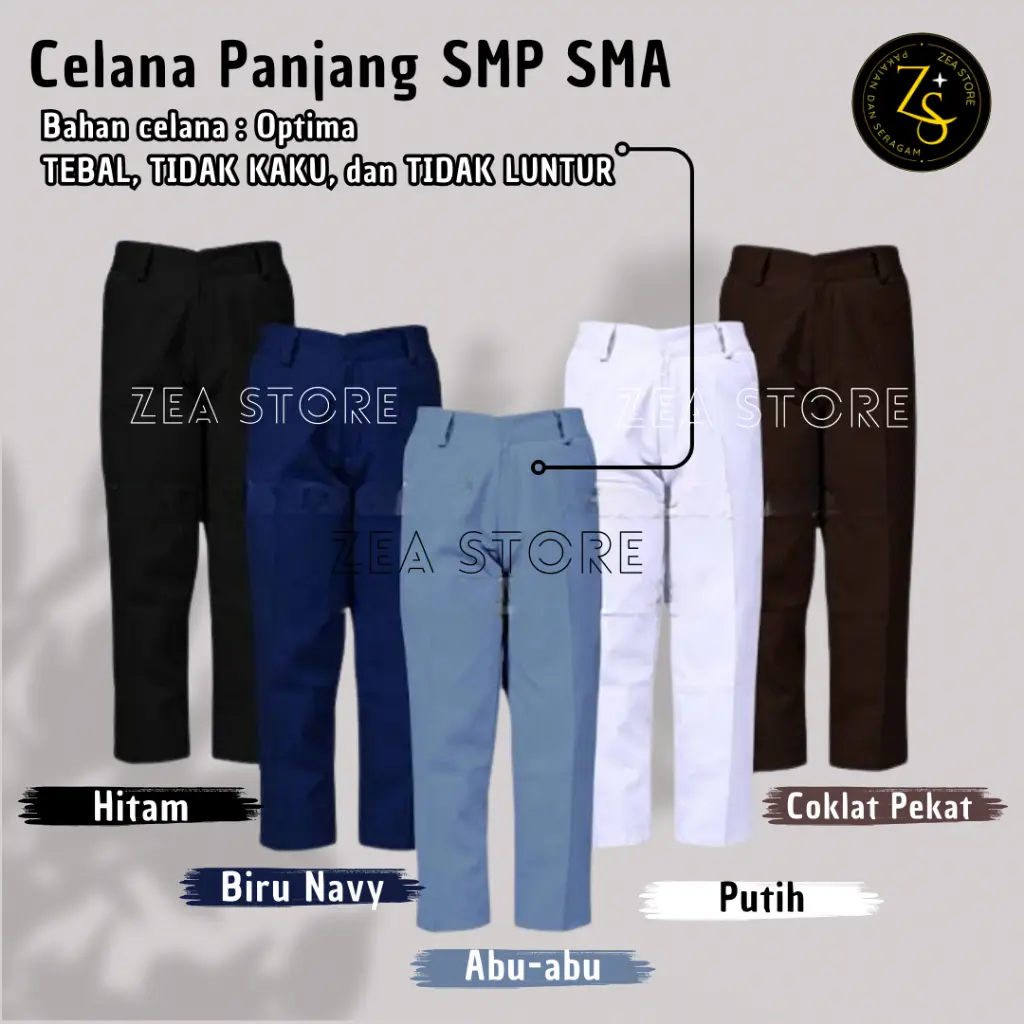 Celana SMP/SMA Laki-Laki Panjang Biru,Abu, Putih, Hitam, dan Coklat Pramuka