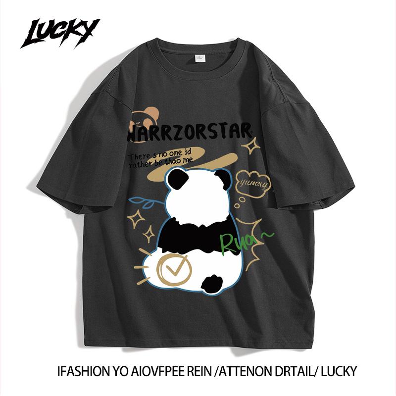 Product Introduction of Personal panda print short -sleeved T -shirt female loose sweet wind round neck top 4